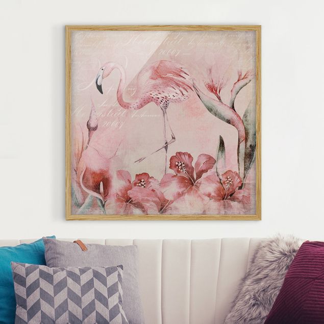Ingelijste posters Shabby Chic Collage - Flamingo