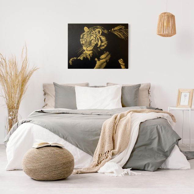Canvas schilderijen - Goud Tiger In The Sunlight On Black