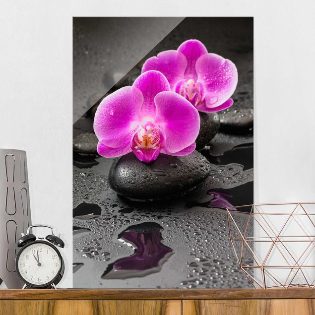 Glas Magnettafel Pink Orchid Flower On Stones With Drops