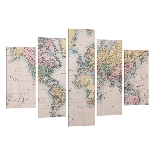 Canvas schilderijen - 5-delig Vintage World Map Around 1850