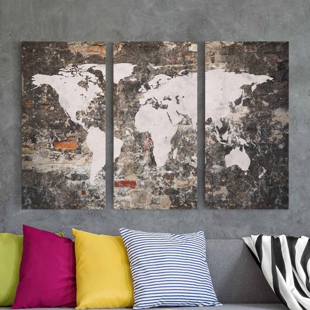 Canvas schilderijen - 3-delig Old Wall World Map
