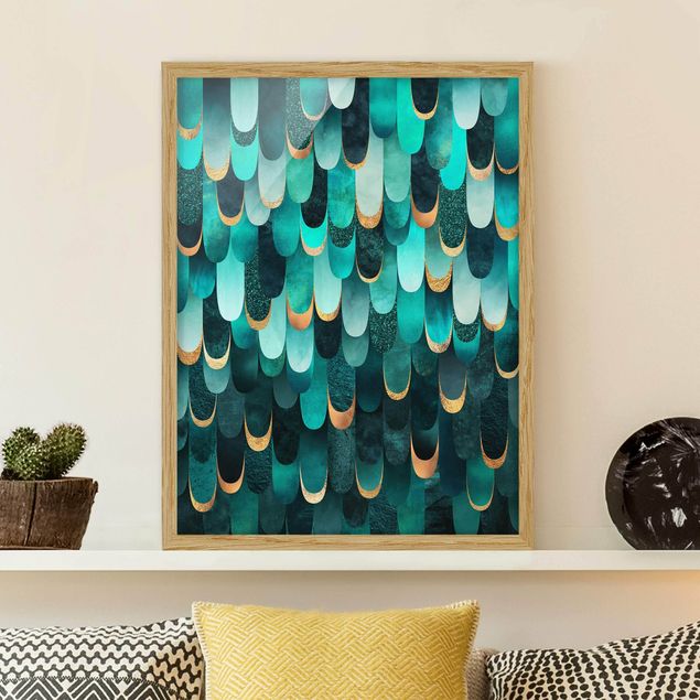 Ingelijste posters Feathers Gold Turquoise
