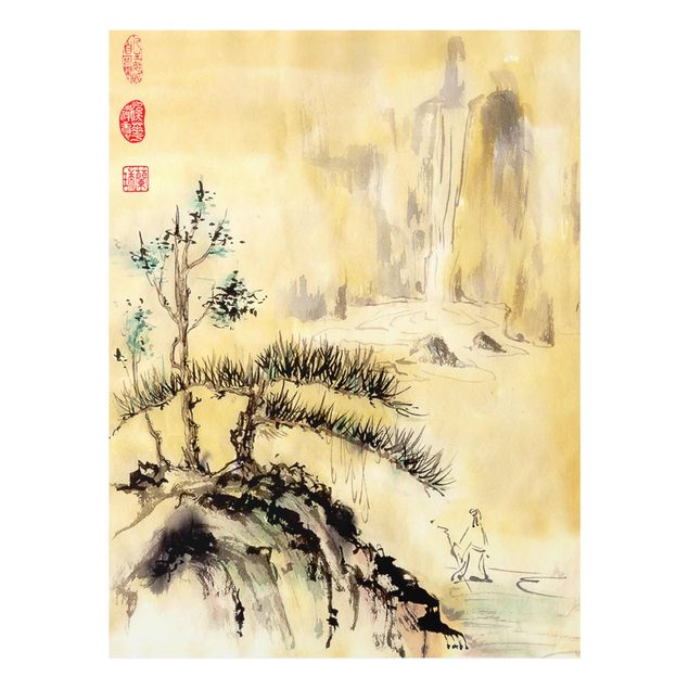 Glasschilderijen Japanese Watercolour Drawing Cedars And Mountains