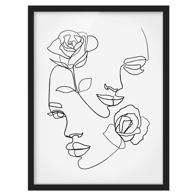 Ingelijste posters Line Art Faces Women Roses Black And White