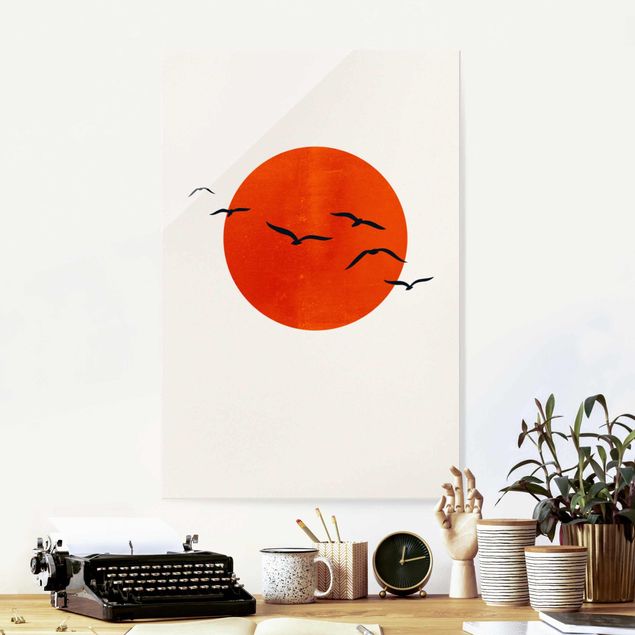 Glas Magnettafel Flock Of Birds In Front Of Red Sun I