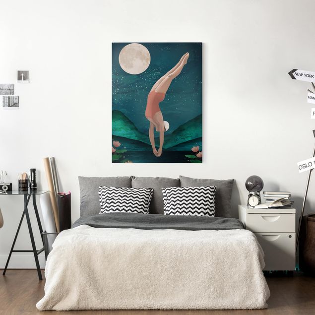 Canvas schilderijen Illustration Bather Woman Moon Painting