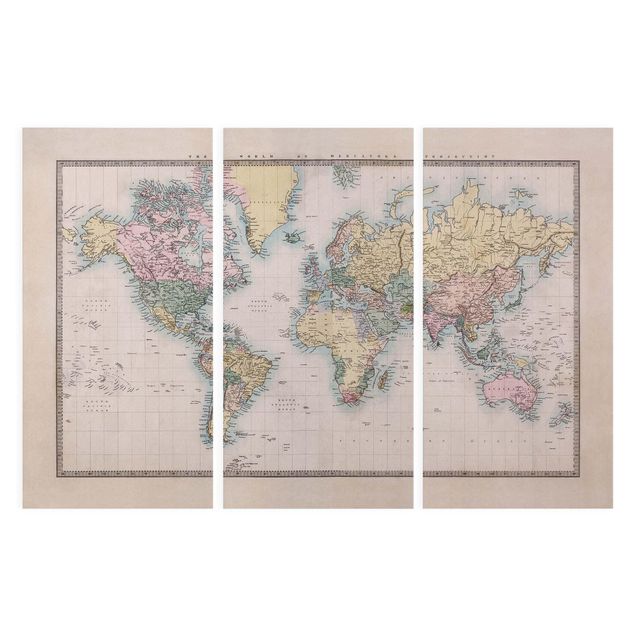 Canvas schilderijen - 3-delig Vintage World Map Around 1850