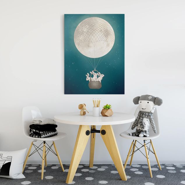 Canvas schilderijen Illustration Rabbits Moon As Hot-Air Balloon Starry Sky