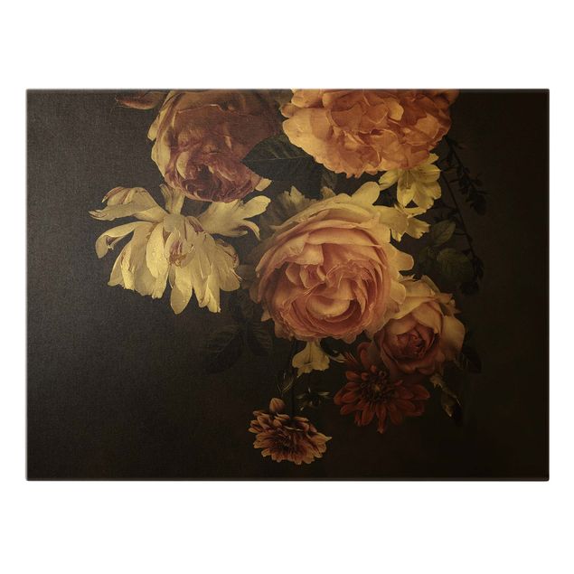 Canvas schilderijen - Goud Pink Flowers On Black Vintage