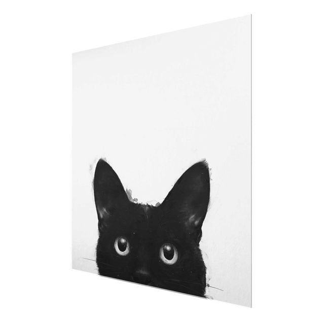 Glasschilderijen Illustration Black Cat On White Painting