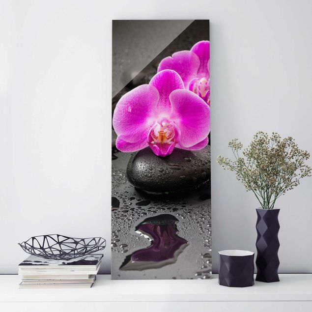 Glas Magnettafel Pink Orchid Flower On Stones With Drops