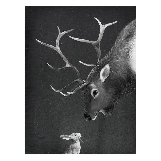 Canvas schilderijen Illustration Deer And Rabbit Black And White Drawing