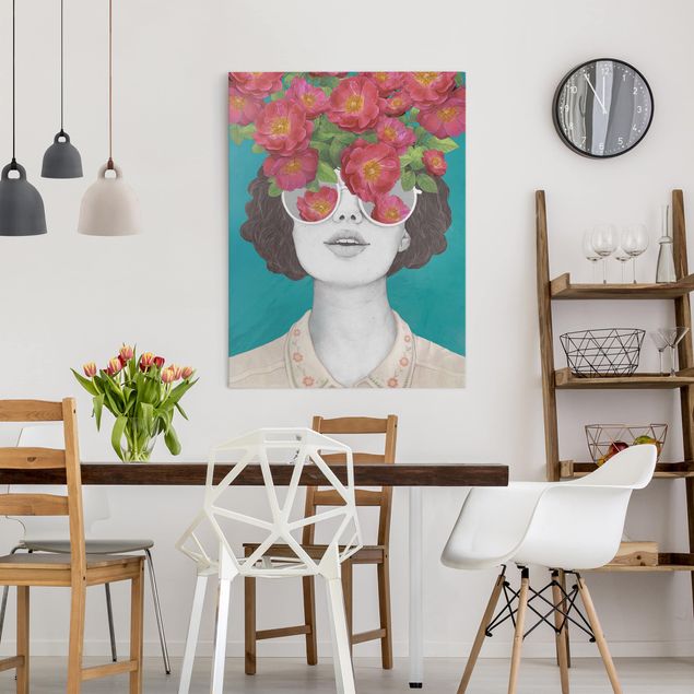 Canvas schilderijen Illustration Portrait Woman Collage With Flowers Glasses