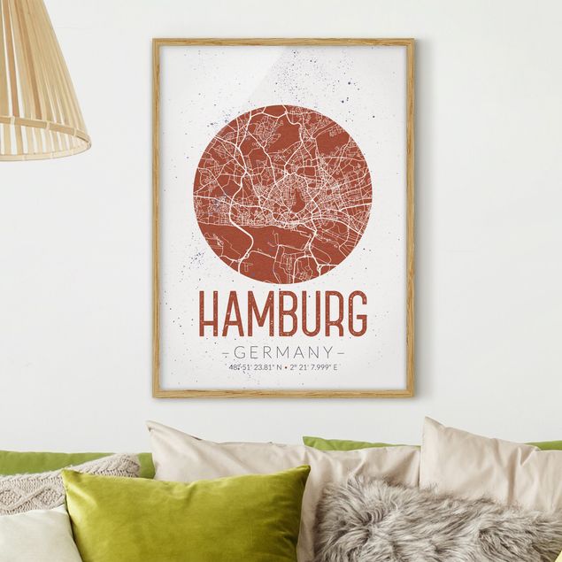 Ingelijste posters Hamburg City Map - Retro