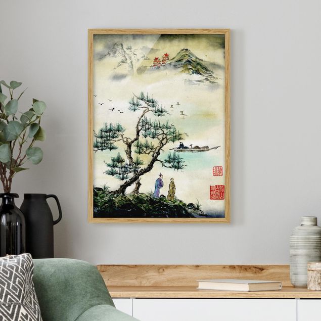 Ingelijste posters Japanese Watercolour Drawing Pine And Mountain Village