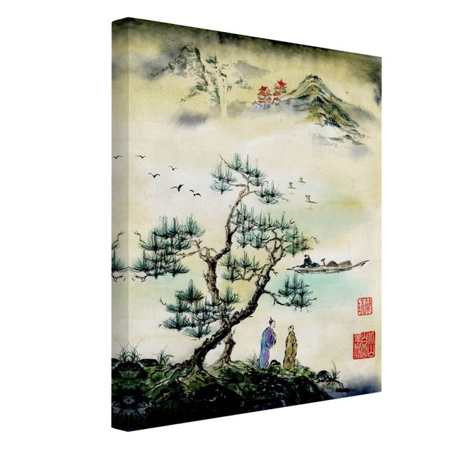 Canvas schilderijen Japanese Watercolour Drawing Pine And Mountain Village