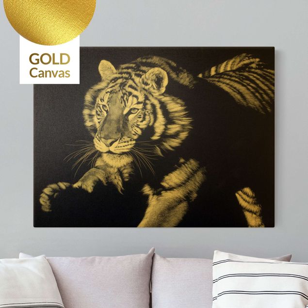Canvas schilderijen - Goud Tiger In The Sunlight On Black