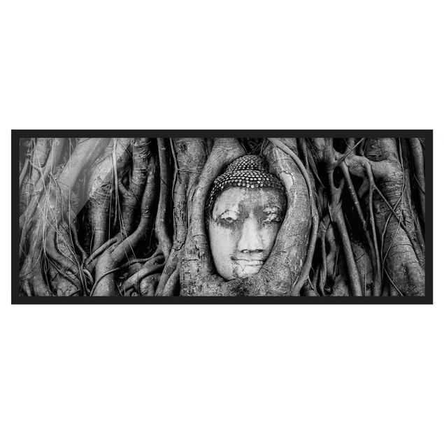 Ingelijste posters Buddha In Ayutthaya Lined From Tree Roots In Black And White