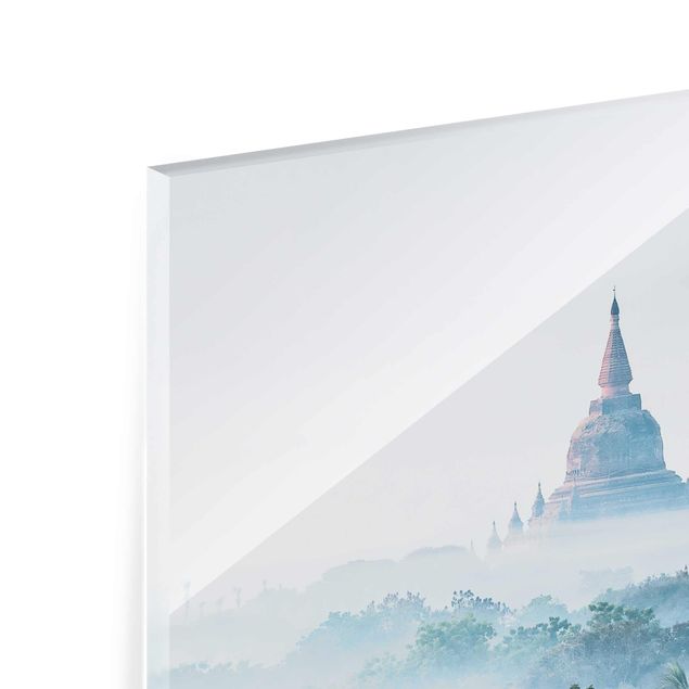Glasschilderijen Morning Fog Over The Jungle Of Bagan