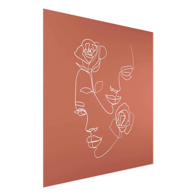 Glasschilderijen Line Art Faces Women Roses Copper