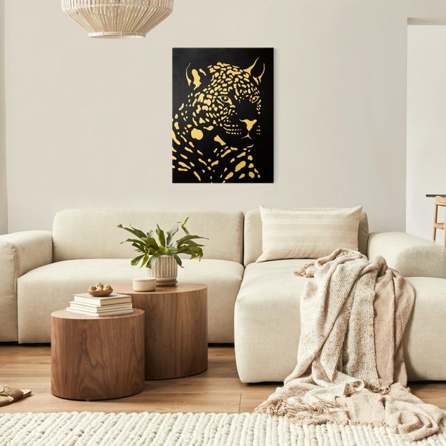 Canvas schilderijen - Goud Safari Animals - Portrait Leopard Black