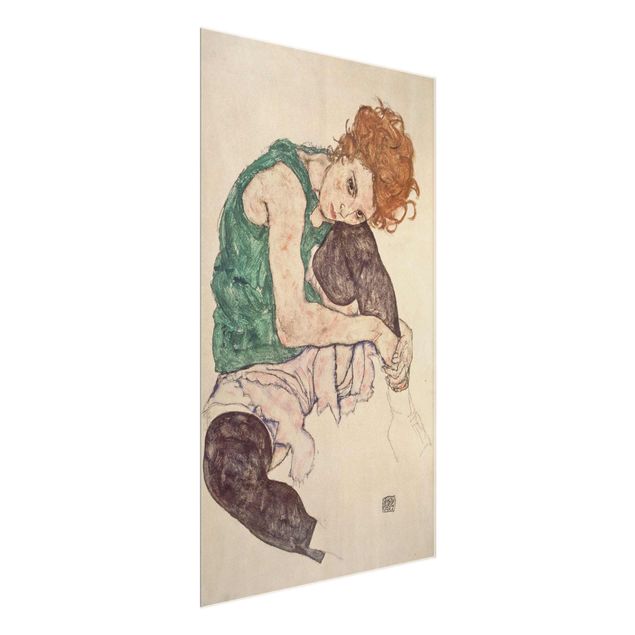Glasschilderijen Egon Schiele - Sitting Woman With A Knee Up