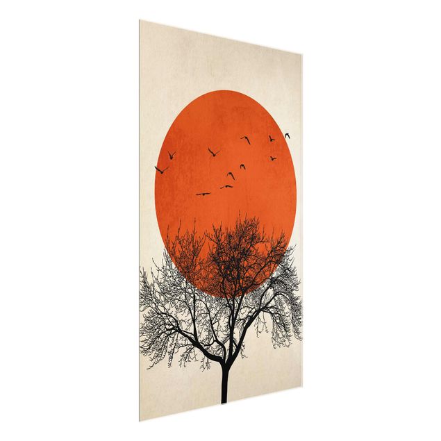 Glasschilderijen Flock Of Birds In Front Of Red Sun II