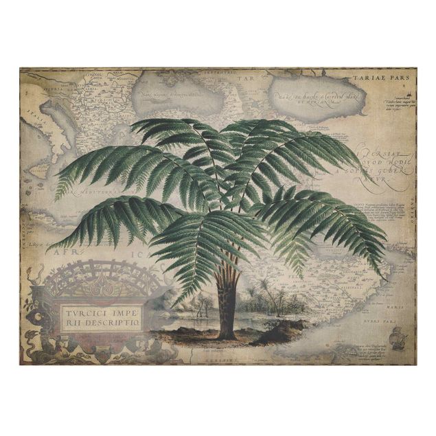 Canvas schilderijen Vintage Collage - Palm And World Map