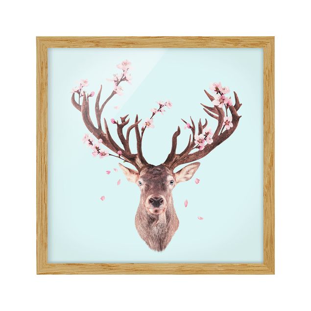 Ingelijste posters Deer With Cherry Blossoms