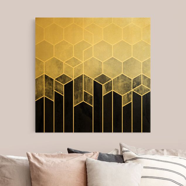 Canvas schilderijen Golden Hexagons Black And White