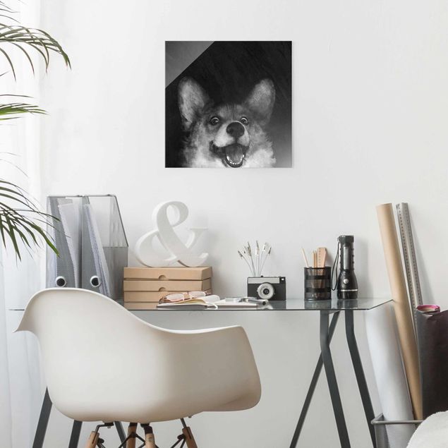 Glas Magnetboard Illustration Dog Corgi Paintig Black And White