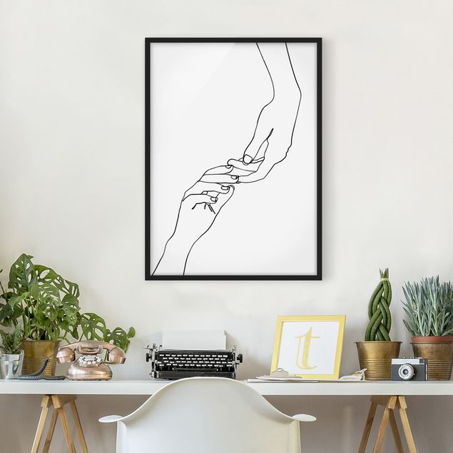 Ingelijste posters Line Art Hands Touching Black And White