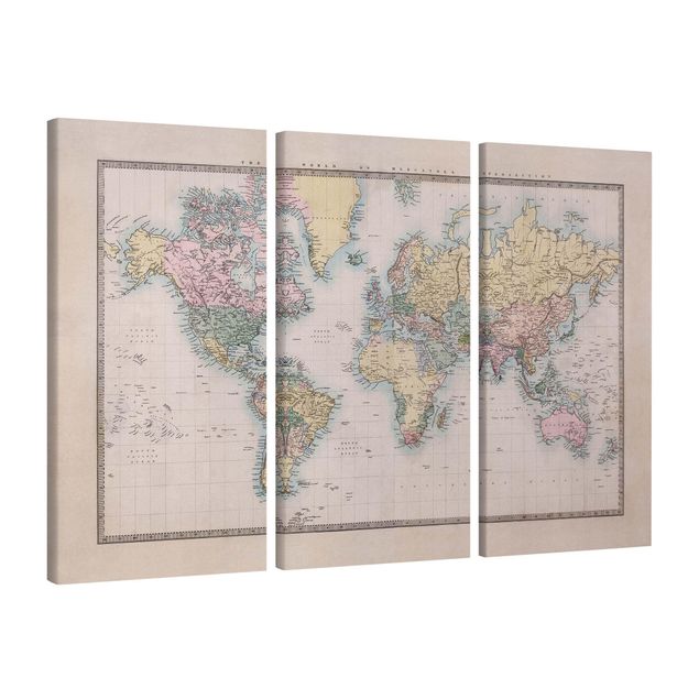 Canvas schilderijen - 3-delig Vintage World Map Around 1850