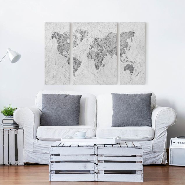 Canvas schilderijen - 3-delig Paper World Map White Grey