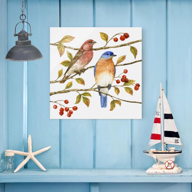 Glasschilderijen Birds And Berries - Bluebird