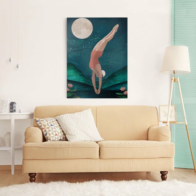 Canvas schilderijen Illustration Bather Woman Moon Painting