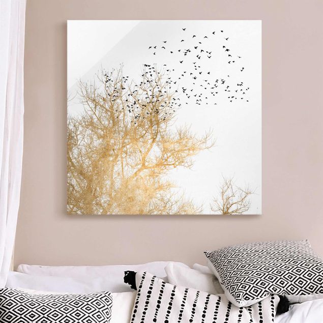Glas Magnettafel Flock Of Birds In Front Of Golden Tree