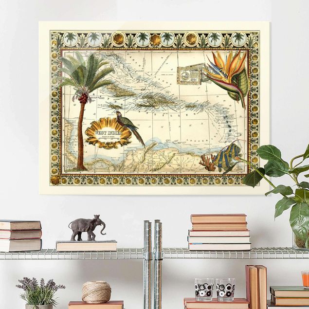 Glasschilderijen Vintage Tropical Map West Indies