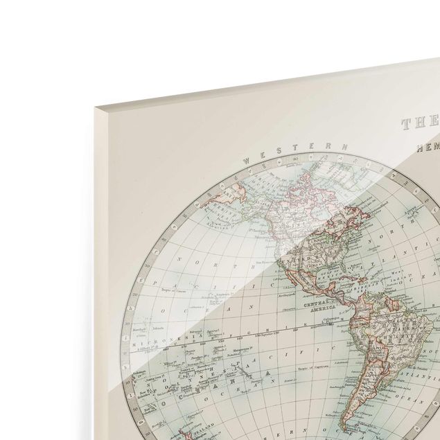 Glasschilderijen Vintage World Map The Two Hemispheres