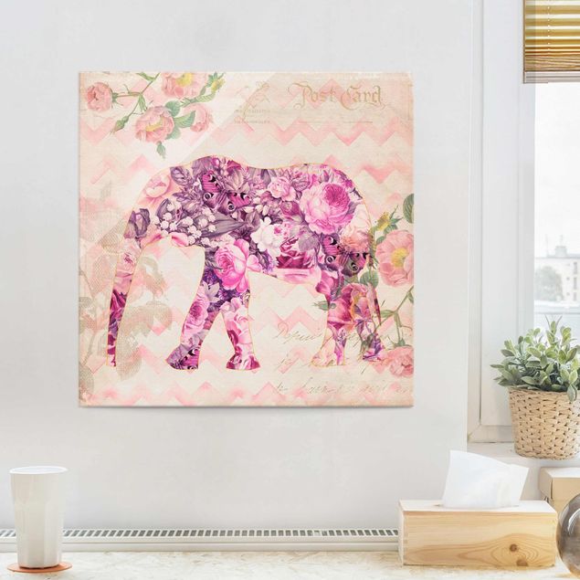 Glas Magnetboard Vintage Collage - Pink Flowers Elephant