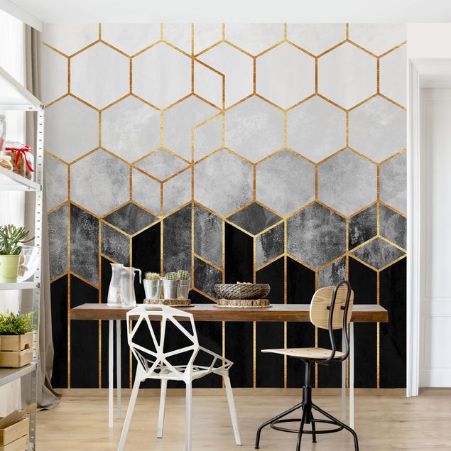Patroonbehang Golden Hexagons Black And White