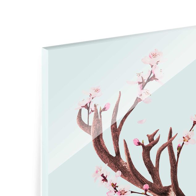 Glasschilderijen Deer With Cherry Blossoms