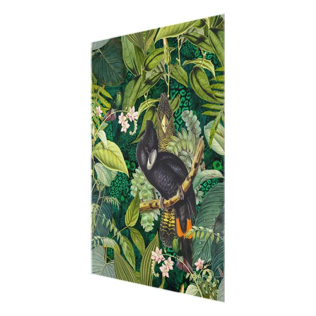 Glasschilderijen Colourful Collage - Cockatoos In The Jungle