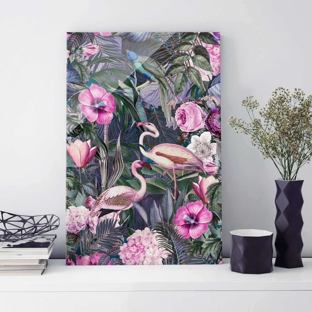 Magnettafel Glas Colourful Collage - Pink Flamingos In The Jungle