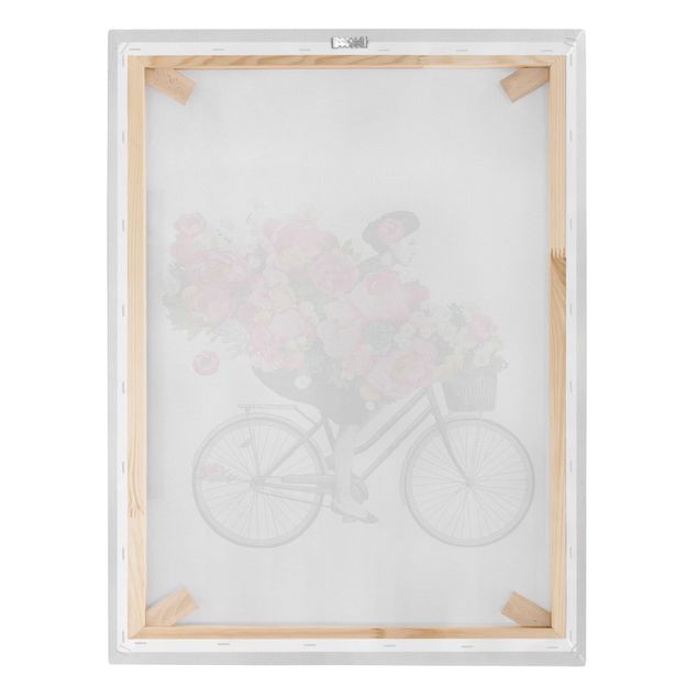 Canvas schilderijen Illustration Woman On Bicycle Collage Colourful Flowers