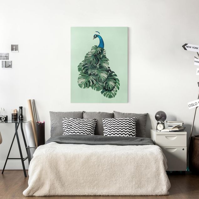 Canvas schilderijen Peacock With Monstera Leaves