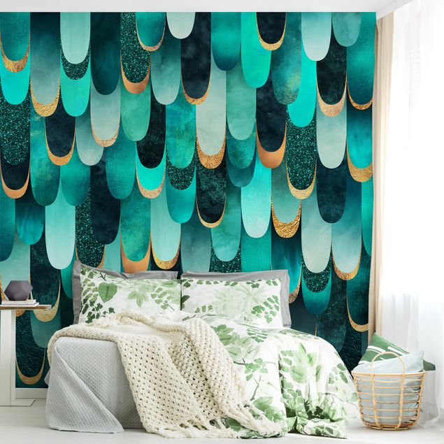 Patroonbehang Feathers Gold Turquoise