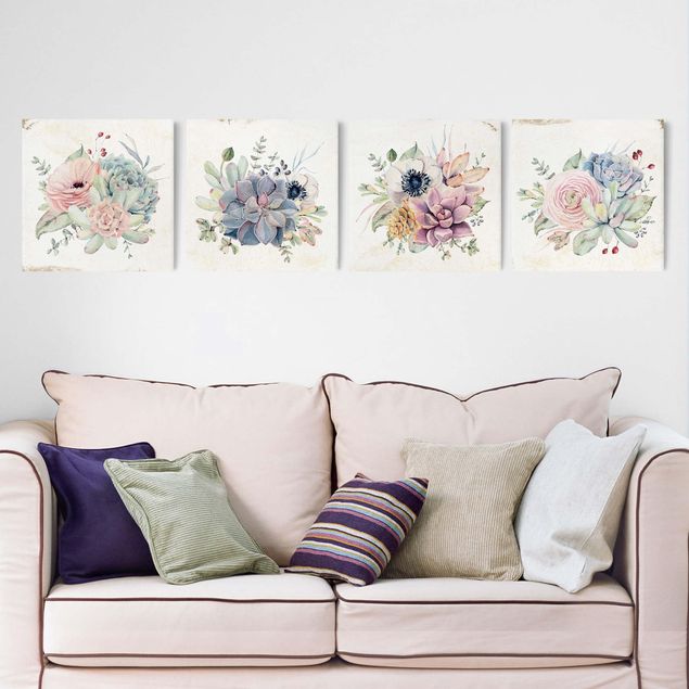 Canvas schilderijen - 4-delig Watercolour Flower Cottage