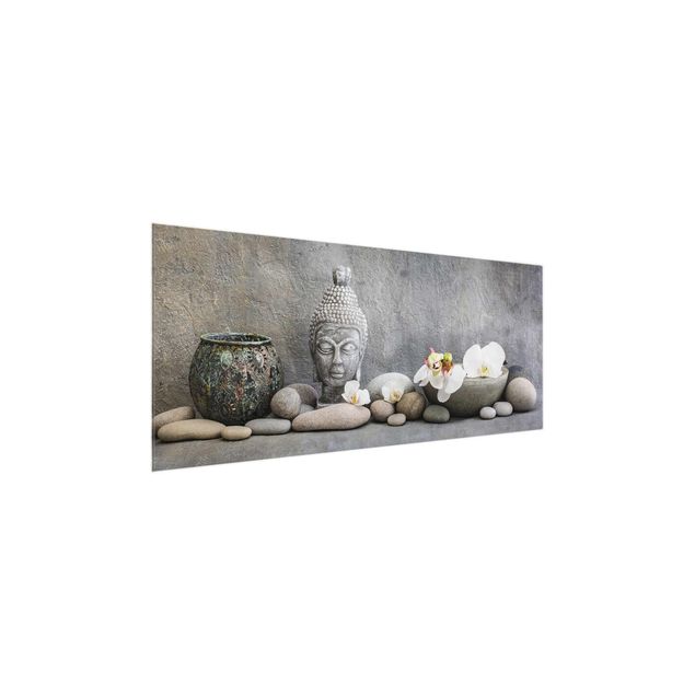 Glasschilderijen Zen Buddha With White Orchids