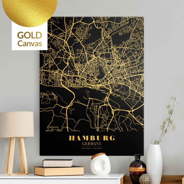 Canvas schilderijen - Goud Hamburg City Map - Classic Black